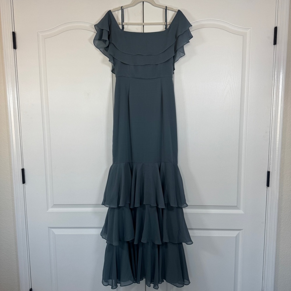NWT Wayf Lauren Off the Shoulder Maxi Dress Granite Blue Ruffle Gown Size Small - Picture 3 of 12